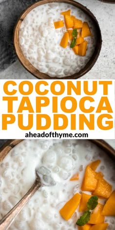 coconut tapioca pudding in a wooden bowl with spoons and text overlay