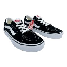 Low-top suede sneakers in black. Round toe. Lace-up closure in white. Textile logo patch at padded tongue. Padded collar. Grained leather signature stripe in white at outer sides. Grained leather trim in white at heel tab. Rubber midsole in white featuring logo patch in red at heel. Treaded rubber outsole in tan.  Lace-up style Leather upper/textile lining/rubber sole Imported30 days returns of unused items in the original condition are accepted. No refunds on the original shipping costs. High-top Skate Shoes With Logo Patch, Vans Vulcanized Sole Sneakers For Streetwear, Vans Streetwear Sneakers With Vulcanized Sole, Vans Sneakers With Vulcanized Sole For Streetwear, Vans Low-top Platform Sneakers With White Sole, Vans Low-top Platform Sneakers, Vans Low-top Platform Sneakers With Rubber Sole, Vans Suede Sneakers With Branded Insole, Vans Urban Low-top Sneakers