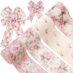 pink flowers and bows on white background