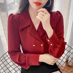 Sexy V-Neck Elegant Office Blouse Shirt – Nada Outfit Land Autumn Fashion Korean, Shirt Dress Pattern, Office Blouse, Button Shirts, Womens Clothing Patterns, Shirt Blouses Women's, Elegant Office, Loose Shirt, Elegant Blouses