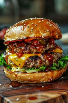 a cheeseburger with meat and lettuce on a wooden cutting board, ready to be eaten