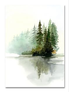 a watercolor painting of trees on the shore of a body of water with fog in the background