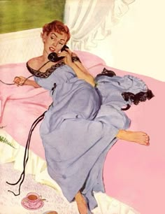 a painting of a woman laying in bed talking on the phone while holding a cat