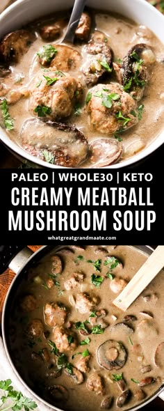 two bowls of creamy meatball mushroom soup with parsley on top and the same bowl in front