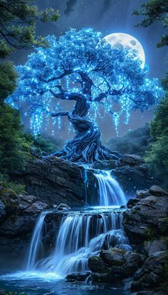 a painting of a tree with blue lights on it's branches near a waterfall