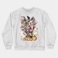 a white sweatshirt with an image of halloween characters and pumpkins on the front,