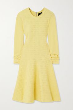 Givenchy's mini dress is jacquard-knitted with the house's 'G' logo throughout. It's cut in a sweet fit-and-flare silhouette and has long, knuckle-grazing sleeves. Complement the zesty yellow with warm jewelry. Elegant Textured Knit Mini Dress, Fitted Knee-length Textured Knit Dress, Spring Jacquard Knit Dress, Fitted Jacquard Knit Knee-length Dress, Beige Knit Dress, Long Slip Dress, Long Slip, Givenchy Women, Silk Mini Dress