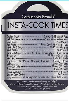 an insta cook times label with instructions on it