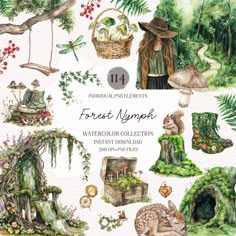 watercolor clip art set with forest nymph, deer, mushrooms and trees