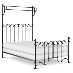 an iron bed frame with white sheets and black metal posts on the headboard, against a white background