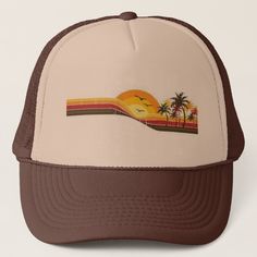 retro summer design 70s sunset palms Looks With Glasses, Baseball Accessories, 1970s Design, Retro Inspiration, Custom Trucker Hats, 1970s Style, Cute Haircuts, Retro Accessories, Baseball Trucker Hat