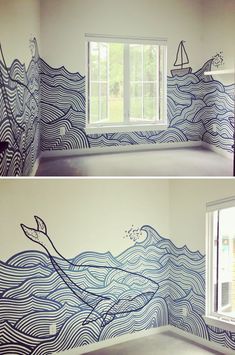 two pictures of the same room with blue waves painted on the walls and window in the middle