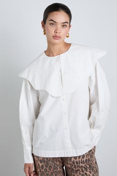 The Romeo is a hip length shirt with full, cuffed sleeves and a rounded neckline. It features an oversized wave edge collar with "DM" Damson Madder broderie detailing along the collar edge and arm. •100% Organic Cotton •Oversized collar •White embroidery detailing •We recommend sizing down for a neater fit MODEL INFO: Sofie is 5'10 and is wearing a UK 10. Crochet Hair Bows, Damson Madder, Clothing Wishlist, Tortoise Shell Hair, Creative Shirts, Going Shopping, Christmas Board, Embroidery Detailing, Oversized Collar