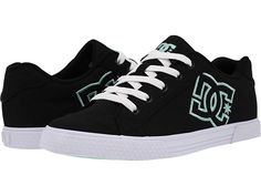 DC Chelsea - Women's Skate Shoes : Black/Aqua : Add classic style to your repertoire with the clean profile and versatile wear of the DC Chelsea casual shoes. Casual sneakers with textile uppers with large DC logo detail. Lightly padded tongue. Textile lining for added breathability. Eyelets on the medial side. Cushioned footbed for comfort and support. Vulcanized construction with a rubber outsole for flexible, durable wear. Imported. Measurements: Weight: 11 oz Product measurements were taken Lace-up Sneakers With Logo For Light Sports, Logo Print Lace-up Sneakers For Light Sports, Low-top Canvas Sneakers With Logo Print, Black Canvas Sneakers With Logo Print, Low-top Sneakers For Light Sports With Logo, Sporty Mid-top Sneakers With Logo Print, Sporty Canvas Sneakers With Logo, Sporty Low-top Skate Shoes With Logo, Mid-top Sneakers With Logo Print For Sports