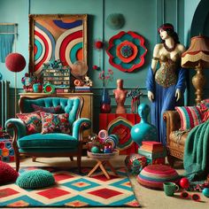 a living room filled with lots of colorful furniture and decorating items on top of a rug