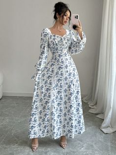 Elegant Floral Print Square Neck Dress With Ruffle Trim, Ruffle Sleeve, Pearl Button Decor, Suitable For Spring & Autumn Blue Boho  Long Sleeve Woven Fabric Floral,Plants,All Over Print A Line Non-Stretch  Women Clothing, size features are:Bust: ,Length: ,Sleeve Length: Blue Floral Print Cottagecore Dress, Blue Floral Embroidered Floor-length Evening Dress, Blue Floral Print Maternity Dress, Summer Blue Floral Print Maternity Dress, Blue Floral Print Maternity Maxi Dress, Button Decor, Long Sleeve Fitted Dress, Fishtail Dress, Floral Bodycon