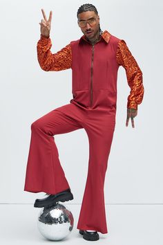 Available In Red/combo. Disco Leisure Suit Zip-Up Bell Bottom Jumpsuit Body: 96% Polyester, 4% Spandex Sleeves: 100% Polyester Imported Final Sale | Mens Disco Leisure Costume in Red size Large by Fashion Nova Bell Bottom Jumpsuits, Leisure Suit, Woman Back, Bell Bottom, Swim Shorts, Bell Bottoms, Zip Up, Clothes For Sale, Everyday Essentials Products