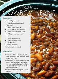 the recipe for cowboy beans in a crock pot is shown with instructions on how to cook it