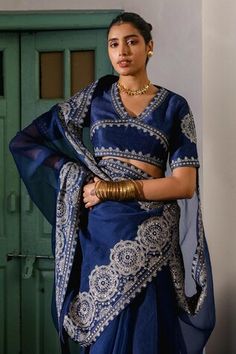 Blue saree featuring resham zari embroidered floral mandala and swirl patterns, accented with sequin work. Paired with an embroidered unstitched blouse piece., Fit: Relaxed Blue Organza, Floral Mandala, Blue Saree, Swirl Pattern, Blouse Piece, Aza Fashion, Swirl, Sequin, Saree