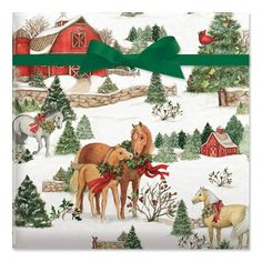 a christmas card with horses and trees on it