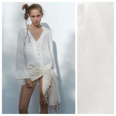 Nwt. Zara Off White 100% Linen Blouse/Shirt With V-Neckline, Collar, Long Sleeves, Front Buttons Closure. Scarf Not Included In The Purchase. Size Xs. Ref. 2777/500. Pit To Pit 18" Flat, Shoulders 15,5", Sleeves 23,5", Length 22". 1002 Elegant V-neck Beach Shirt, Summer Long Sleeve Blouse For Daywear, Chic Long Sleeve Summer Shirt, Elegant Fitted Shirt For Vacation, Zara V-neck Summer Blouse, Chic White V-neck Shirt, Fitted V-neck Beach Shirt, Elegant Fitted Beach Shirt, Summer Button-up Shirt For Brunch