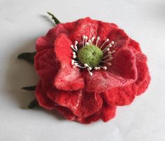 a close up of a red flower on a white surface