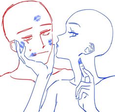 a drawing of two people with one holding the other's face to their ear