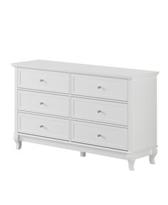 a white dresser with six drawers and two doors on the bottom, in front of a white background