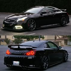 two pictures of a black sports car in the parking lot, one showing its tail lights