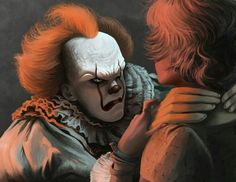 two people with red hair and clown makeup, one is hugging the other's head