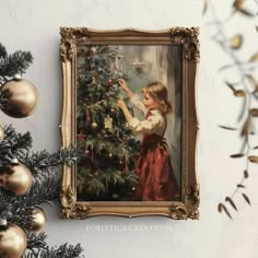 a painting of a girl decorating a christmas tree with ornaments on the wall next to it