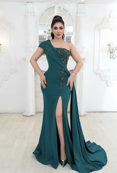 women's elegant mermaid hunter green prom dress, one shoulder light formal gown with lace embroidery Hunter Green Prom Dress, Dinner Dress Classy Elegant, Mermaid Hunter, Dress Classy Elegant, Prom Dress One Shoulder, Green Gowns