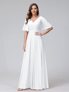 A-Line V-Neck Half Sleeves Long Chiffon Bridesmaid Dresses With Ruffle-Lavetir White A-line V-neck Wedding Dress, Chiffon A-line Wedding Dress, Elegant V-neck Chiffon Wedding Dress, Formal Chiffon V-neck Gown, Chiffon V-neck Gown For Banquet, Chiffon A-line Maxi Dress For Wedding, Chiffon V-neck Evening Dress For Banquet, White V-neck Evening Dress For Prom Season, Chiffon V-neck Evening Dress For Prom