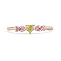 Petite stackable yellow and pink diamond heart ring. Heart Shape Fancy Brownish Greenish Yellow SI1 Chameleon with GIA, 0.21ct Heart Shape Fancy Pink Diamonds, 4x 0.15ct 18K Pink Gold In stock