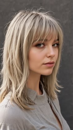 An ash blonde shag with curtain bangs is a trendy and edgy choice that adds a touch of modernity to your look. This style features a cool ash blonde shade with choppy layers and curtain bangs that frame the face. It’s ideal for those with medium to shoulder length hair and suits square, oval, and heart-shaped face shapes. This look is perfect for adding texture and movement to the hair Shoulder Length Blonde Hair With Bangs, Blonde Shag With Curtain Bangs, Medium Length Hair With Bangs Over 40, Bangs For Fat Face, Shoulder Length Hair Cuts With Layers Bangs, Shoulder Length Layered Hair With Bangs, Medium Length Haircut Bangs, Shag With Curtain Bangs