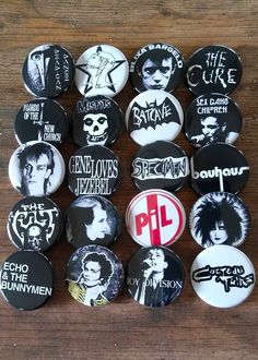 "80s Goth Punk Rock! An awesome grouping of 20 handmade 1.25\"  80s Punk Rock Goth pin back buttons.  Made in Oregon with materials purchased through a USA parts distributor.  PINS ARE CRISP AND CLEAR WITH BRIGHT COLOR. WHITES ARE WHITE AND NOT DULL. Pins are hard to photo capture, color and quality are better than shown. Thank-you for looking!" Punk Button Pins, Diy Punk Pins, Punk Pins Diy, Button Pins Ideas, Pin Ideas Button, Punk Goth Aesthetic, Alt Diys, Punk Buttons, Punk Crafts