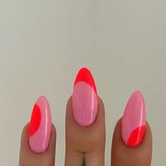 Contrasting Color Nails, Colour Blocking Nails, Bright Solid Nails, Bright Abstract Nails, Apres Nails Design, Bright Valentines Nails, Abstract Valentines Nails, Pink And Red French Tip Nails, New Trendy Nail Art Designs