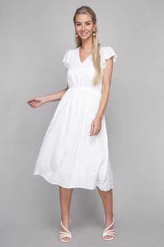 V neck embroidered eyelet dress-Pattern type : Eyelet Embroidery-Neck line : V Neck-Sleeve type : Butterfly Sleeve-Sleeve length : Short Sleeve-Stretch : no stretch -Sheer : not sheer -Size spec: Length 45 1/4", Bust 36 1/4 ", S size (approximately) Care instruction: Machine wash cold, only non-chlorine bleach when needed, tumble dry low, cool iron if needed"-Model is 5' 7" and wearing size Small Made In: CHINAFabric Contents: 100% cotton Non-stretch fabric Non-sheer fabric Size Measurement (inc