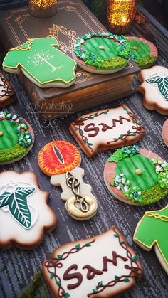 decorated cookies are sitting on a table