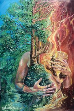 a painting of a woman holding a tree in her hands with fire coming out of it