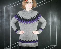 "This is a beautiful wool knitted sweater with a purple/black Fair Isle pattern. This will be a nice addition to your sweater collection - it is warm and this pattern is always in trend! This sweater will be perfect all year round! CONDITION: Very good COMPOSITION: 100% wool MEASUREMENTS: The model is size S. The measurements are taken lying flat and then doubled. Bust: 100cm/39.5\" Waist: 96cm/37.5\" Length: 82cm/32\" Sleeve: 70cm/27.5\" Questions are always welcome! Have a look at my other items in my shop: https://www.etsy.com/ca/shop/vinylissimo" Purple Chunky Knit Sweater For Winter, Winter Purple Chunky Knit Sweater, Purple Turtleneck Sweater For Winter, Purple Turtleneck Winter Sweater, Purple Wool Sweater For Winter, Purple Wool Winter Sweater, Cozy Purple Knit Sweater, Purple Cozy Knit Sweater, Winter Knitting Pattern In Purple