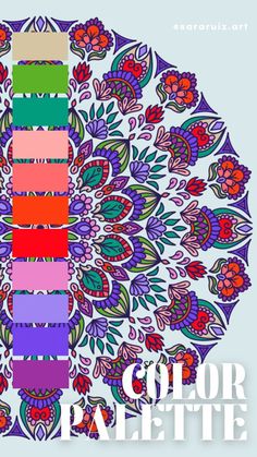 the color palette is arranged in an intricate circular pattern with flowers and leaves on it