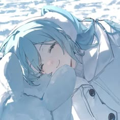 an anime character with blue hair laying down in the snow next to a white horse