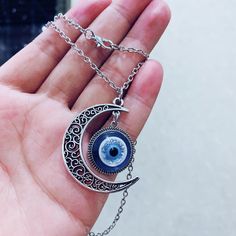 Style: Europe and America Material: Alloy Color: Blue Fashion Element: Metal, Geometry, National Tide Hamsa Hand Jewelry, Resin Chain, Tiny Necklace, Necklace Packaging, Eye Pendant Necklace, Moon Blue, Treasure Jewelry, Neck Jewelry, Devil Eye