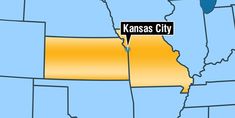 the kansas city map is shown in yellow and blue with a black marker on it