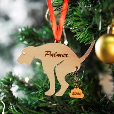 a wooden ornament with a dog on it hanging from a christmas tree branch