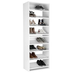 a white shoe rack filled with lots of shoes