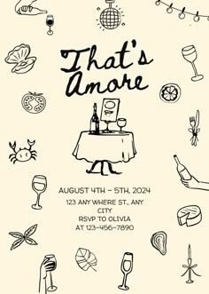 a flyer for an event with hand drawn food and drinks on the table, including wine glasses