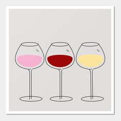 three wine glasses with different colors are shown in this minimalistic poster style art print