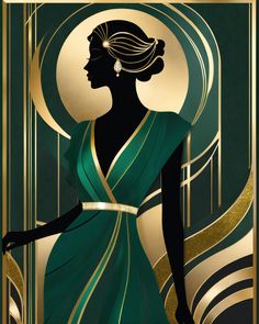 an art deco poster with a woman in a green dress and gold trimmings